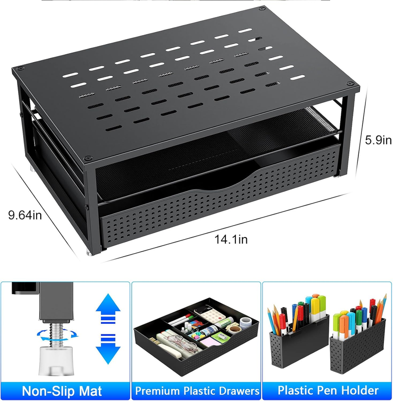 Desk Organizer Monitor Stand w/ Drawer 2 Pen Holders Desktop Office Dorm Black5