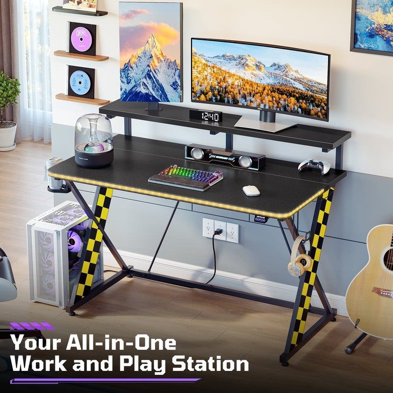 43" X-Shaped Gaming Desk Music Sync LED with Monitor Stand Yellow Racing6