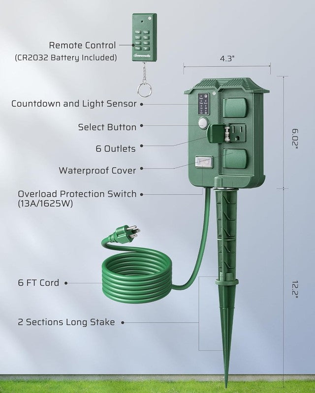 Outdoor Power Stake Timer Waterproof, 6 Grounded Outlets, 6FT Extension Cord, 105