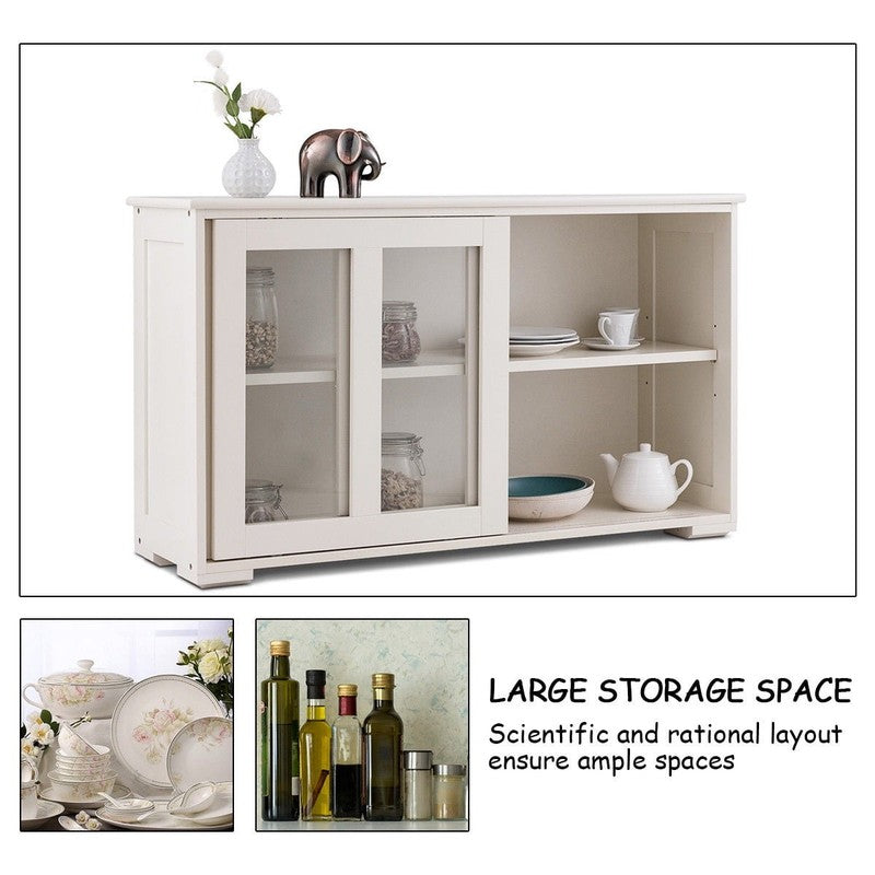 Off-White Kitchen Sideboard Buffet Storage Cabinet with Glass Sliding Doors8