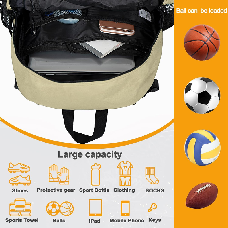 Soccer Basketball Backpack w/ Ball & Shoe Compartment Sports Travel Bag3