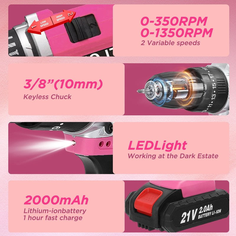 21V Cordless Drill Set 2Ah Battery 25+1 Torque 2-Speed Keyless Chuck Pink1
