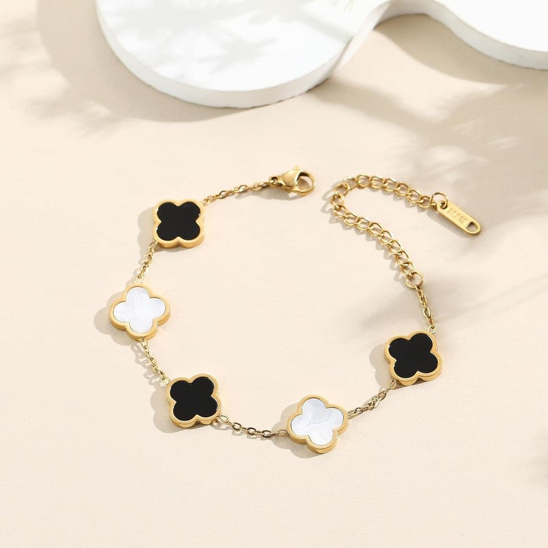18K Gold Plated Clover Bracelet Women 4-Leaf Flower White Black5
