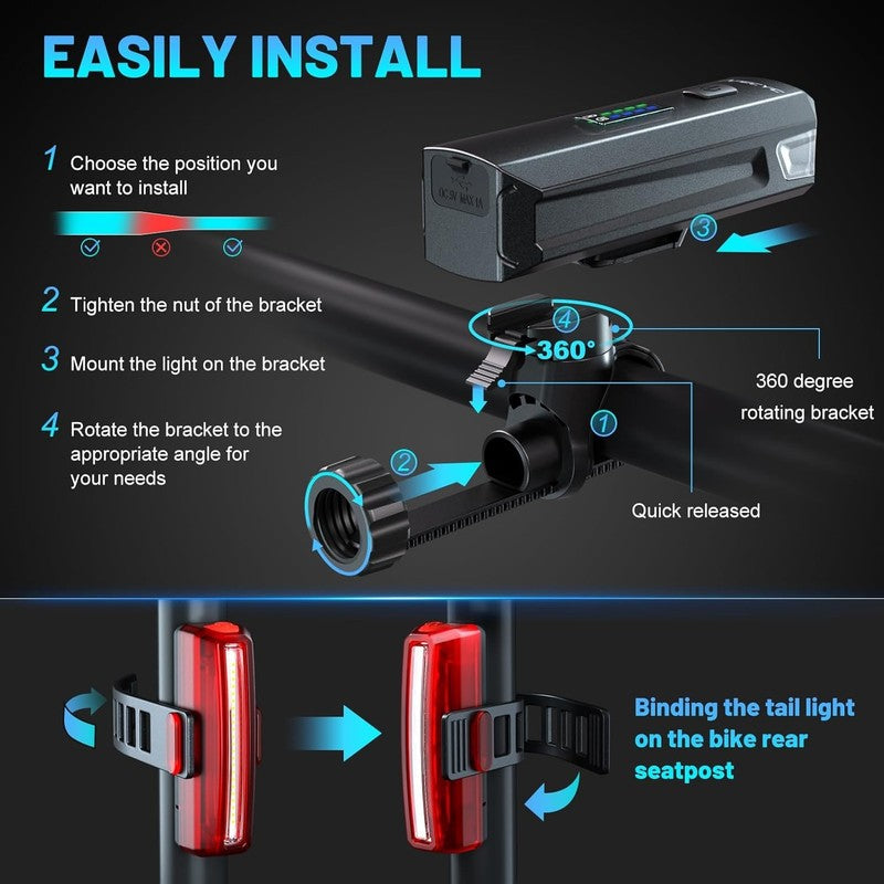USB Rechargeable Bike Lights Set Front Headlight & Rear Taillight 4+5 Modes4