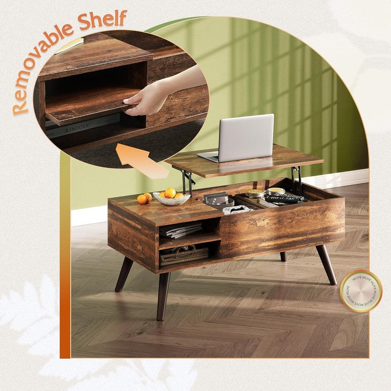 Lift Top Coffee Table w/ Storage Adjustable Shelf Mid Century Rustic Brown5