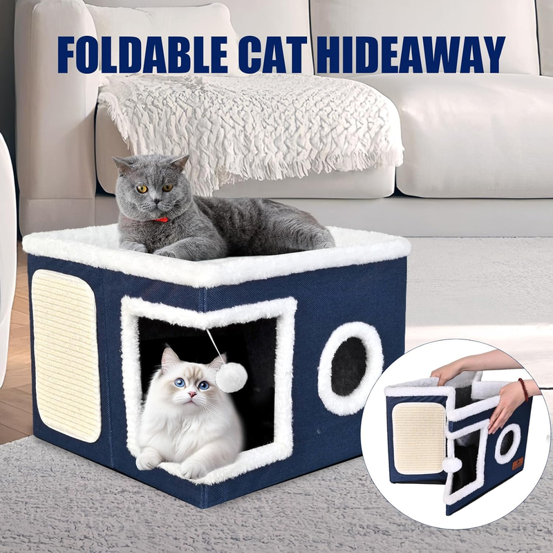 Cat Beds for Indoor Cats, Large Cat Cave Bed with Scratch Pad and Fluffy Ball, F4