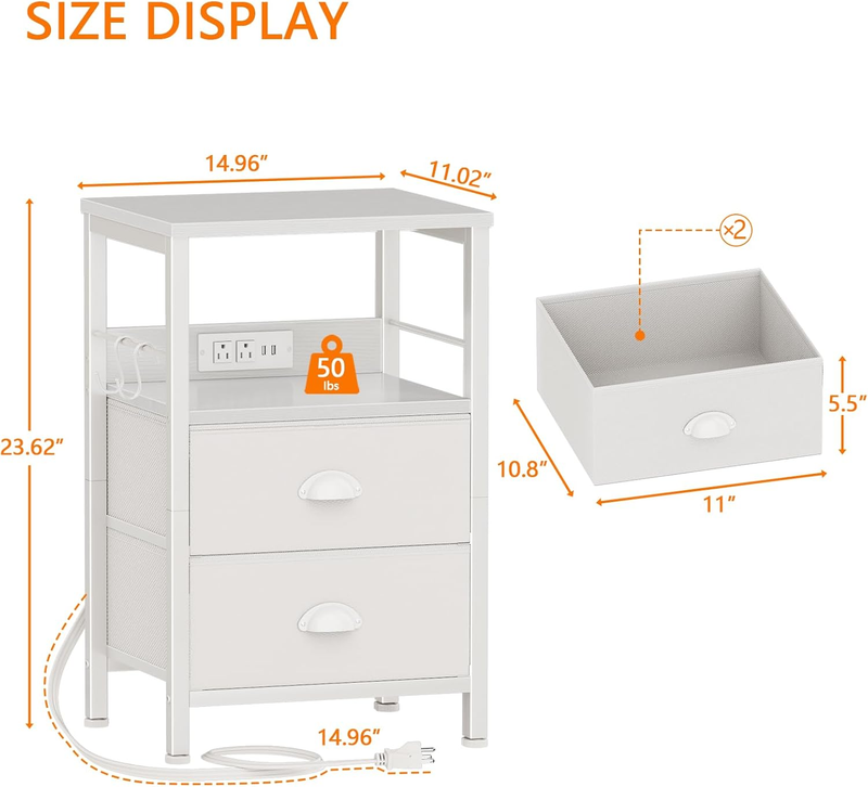 End Table with Charging Station, Nightstand with Fabric Drawers, Side Tables wit2