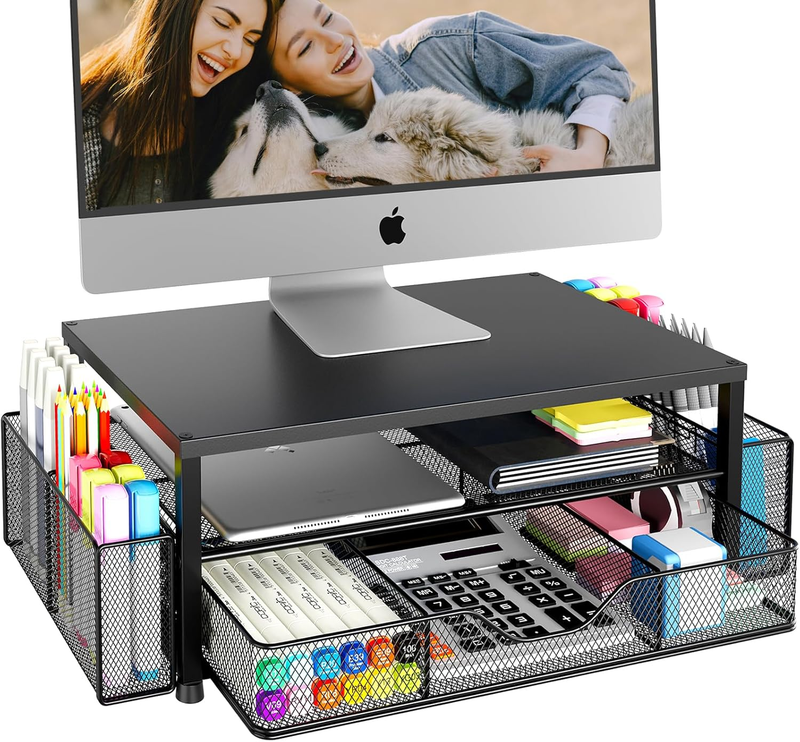Desk Organizer and Accessories, 2-Tier Computer Monitor Stand Riser with Drawer 0