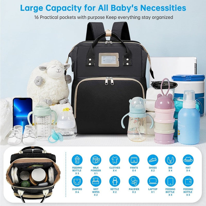 Diaper Bag Backpack w/ Crib, USB, Bottle Holder, Changing Pad – Black1