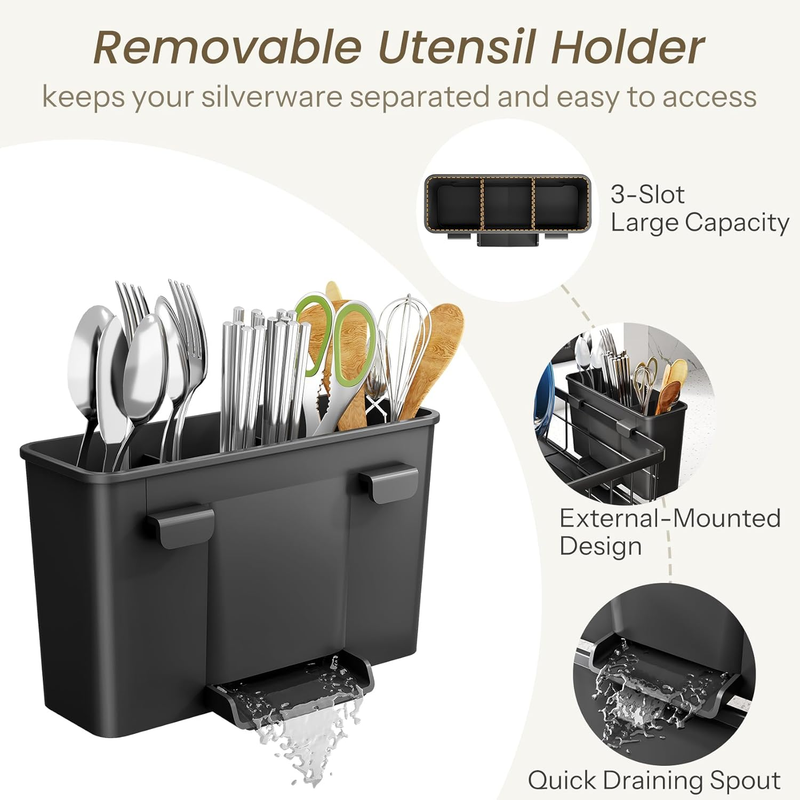 Stainless Steel Dish Drying Rack w/ Drainboard Utensil Holder Black8