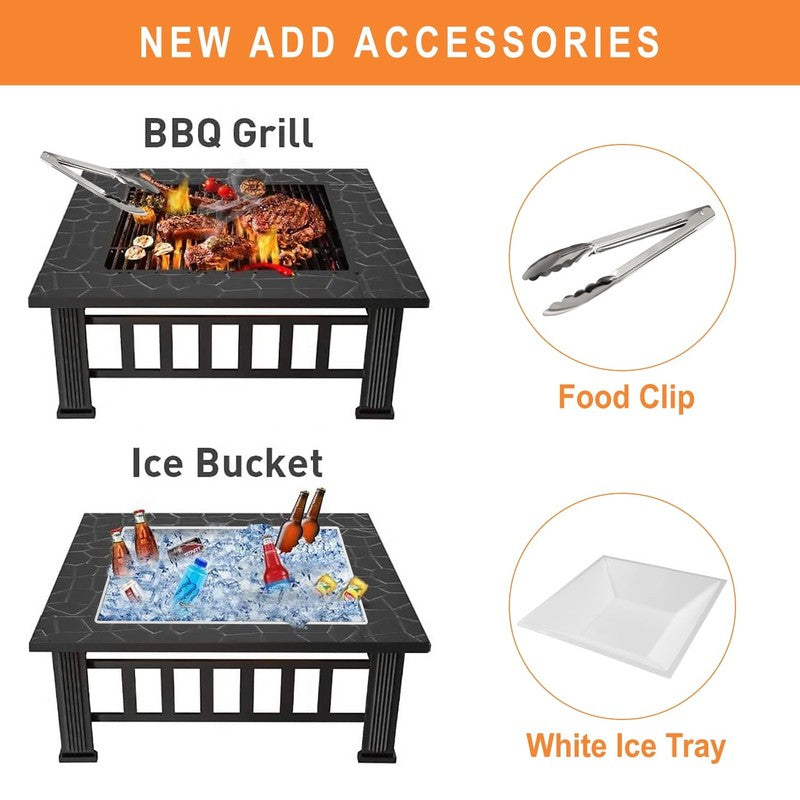 32" Outdoor Fire Pit Table Wood Burning w/ Lid, Poker, BBQ Net, Ice Tray, Black9