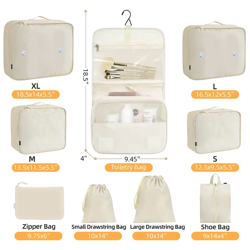 Travel Packing Cubes 9Pc Organizer Set Clothes Shoes Beige5