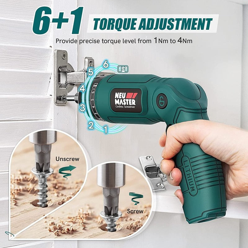 4V Cordless Electric Screwdriver 6+1 Torque 32pc Bits Pivot Handle LED 2000mAh5