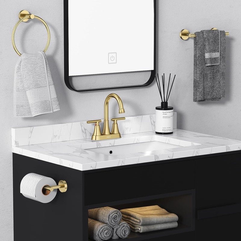 Brushed Gold Bathroom Sink Faucet 4" Centerset w/ Drain & Supply Hoses5