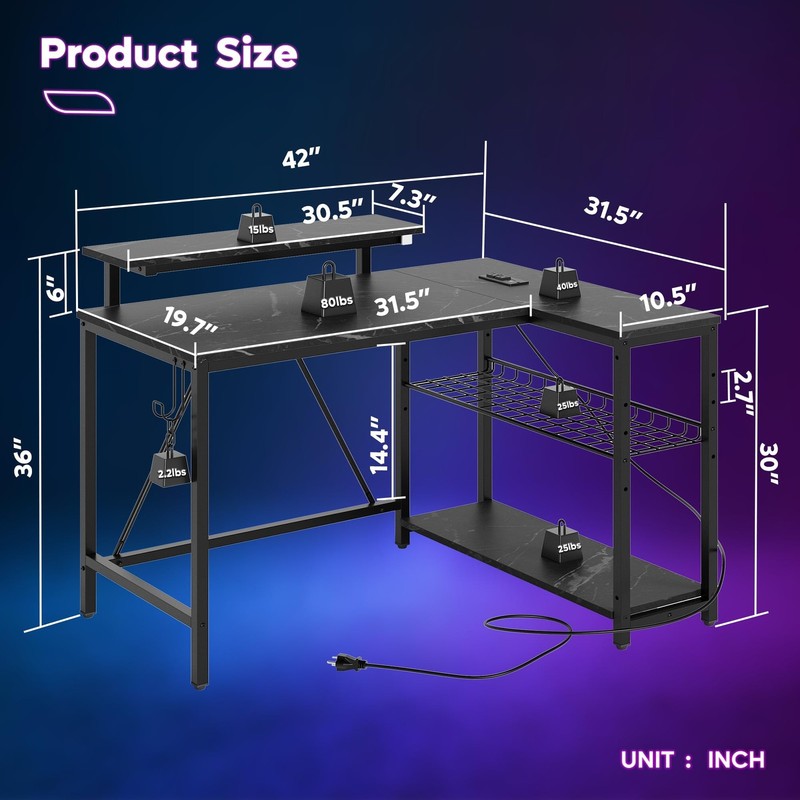 42" L-Shaped Gaming Desk LED with Power Outlets, Monitor Stand Black Marble8