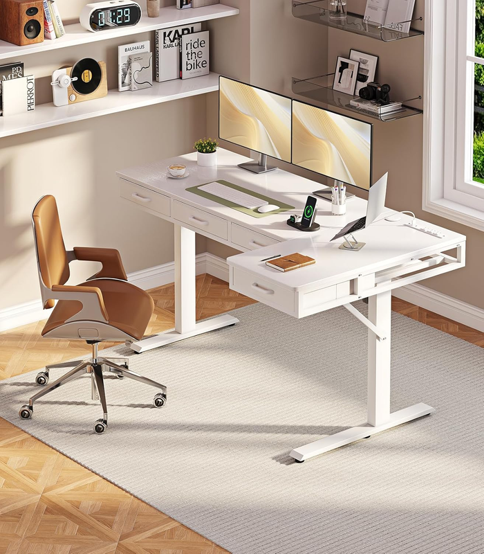 63" L Shaped Electric Standing Desk w/ Drawers Power Outlets Sit Stand White1