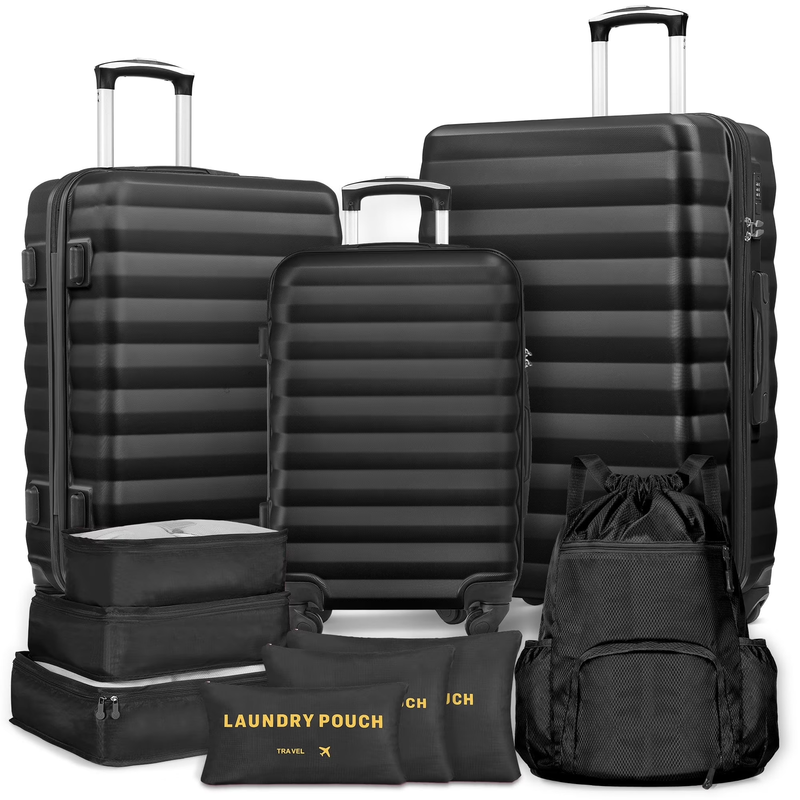 10 Piece Luggage Set Hardside Spinner Suitcase 28 24 20 Inch Backpack Black0