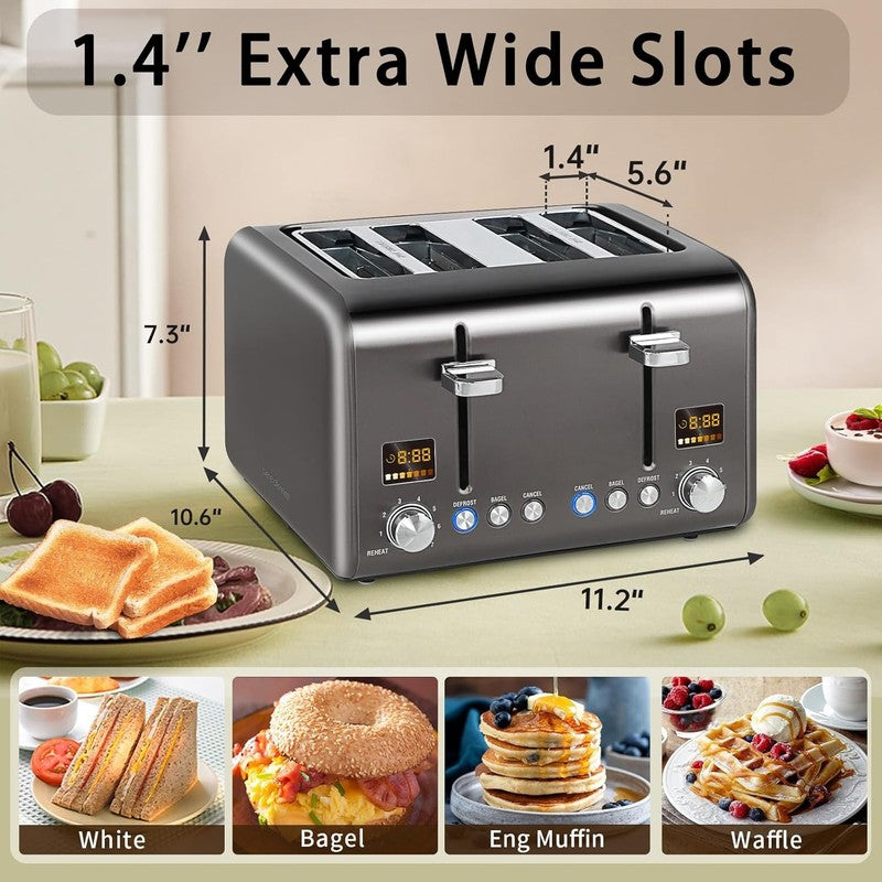 4 Slice Stainless Toaster - LCD, 7 Shades, Wide Slots, Bagel, Defrost, 1800W1