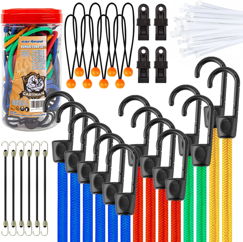 32 Piece Bungee Cords Assortment Jar Includes 10" 18" 24" 32" 40" Bungee Cord wi9