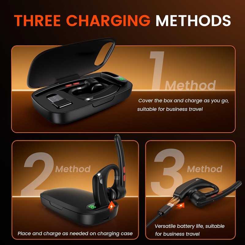 Bluetooth Headset V5.3 Wireless Dual Noise Cancel Mics 300H Standby w/ Case1