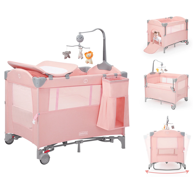 5 in 1 Portable Playard & Bassinet Pink Newborn to Toddler Easy Folding10