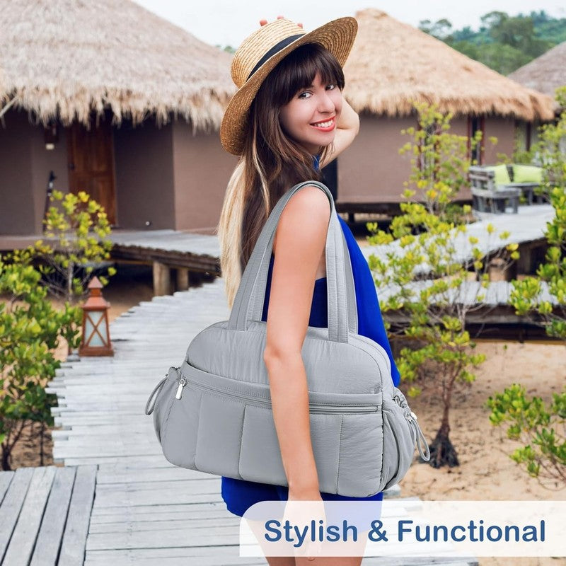 Travel Duffel Bag Women Puffer Gym Weekender Wet Pocket Carry On Light Grey7