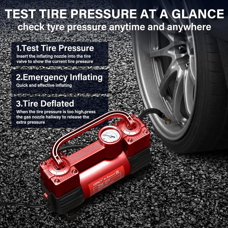 Red Tire Inflator Heavy Duty Double Cylinders, Portable Metal DC 12V Air Compres3
