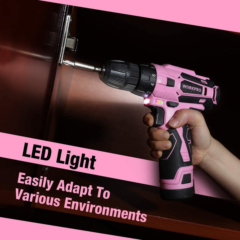 12V Cordless Drill Driver Kit 61-Pc Power Tool Set Pink 1.5Ah Battery & Charger5