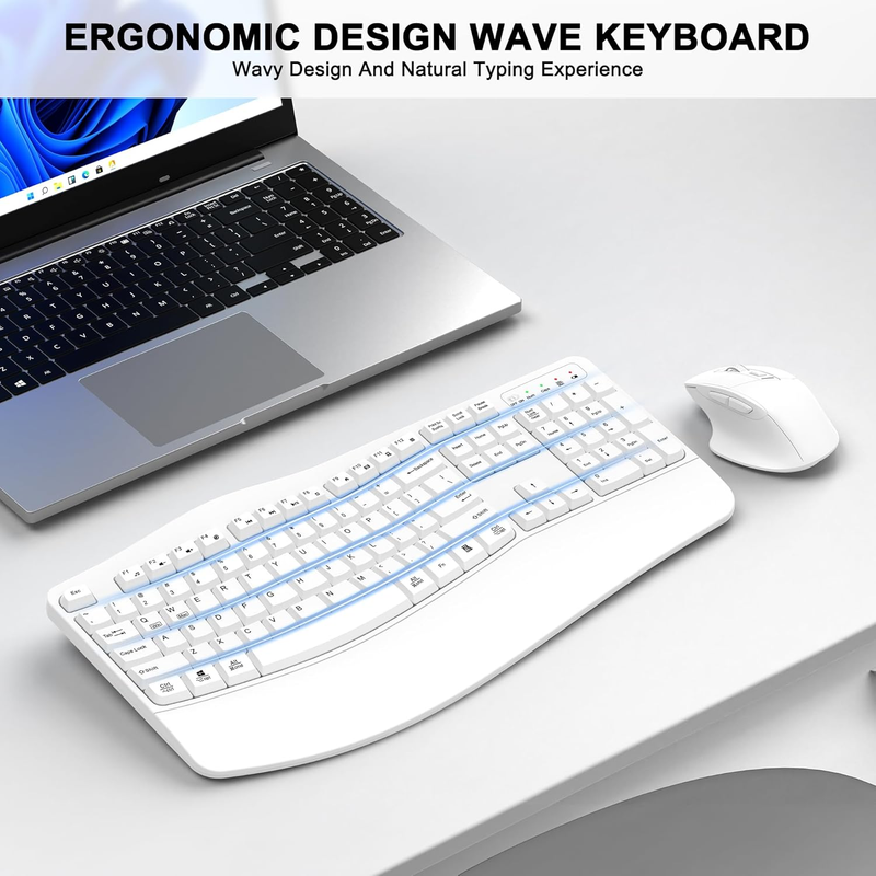 Wireless Keyboard and Mouse Combo, 2.4G Full Size Wave Keys Ergonomic Keyboard w1