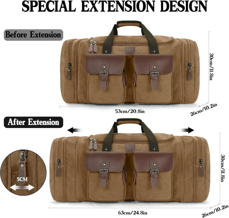 50L Canvas Travel Duffle Bag Expandable Leather Overnight Carry On Coffee1