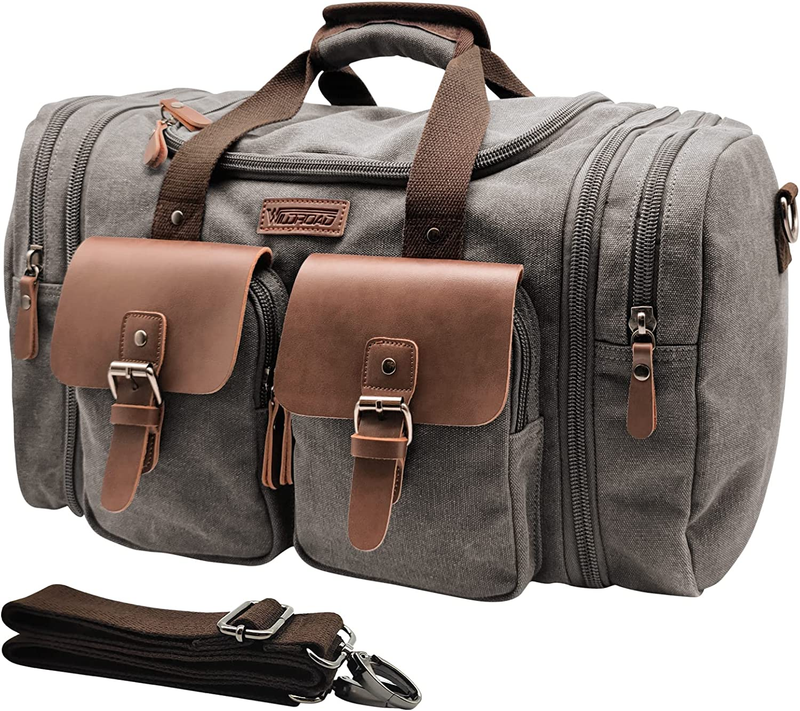 Expandable 50L Travel Duffel Bag Genuine Leather Canvas Weekender Bag8