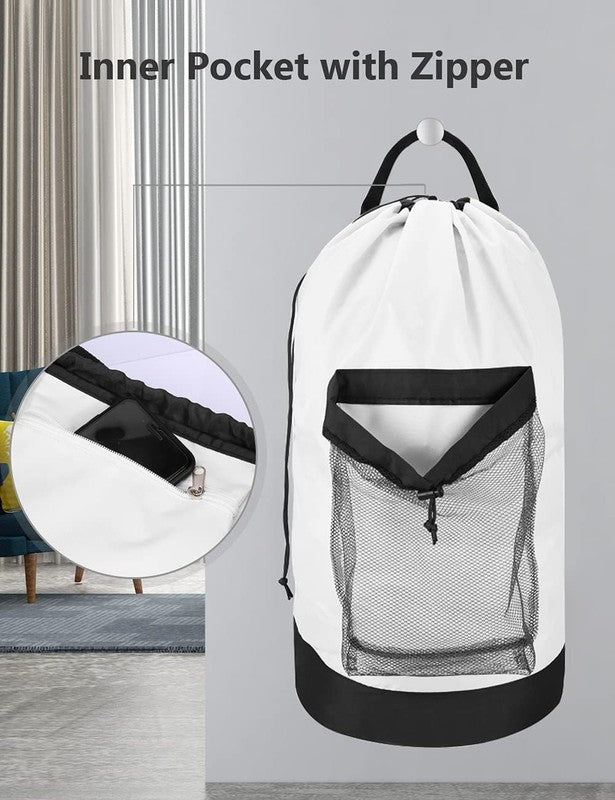 Backpack Laundry Bag with Straps & Pocket, Durable Nylon Clothes Stripe White3