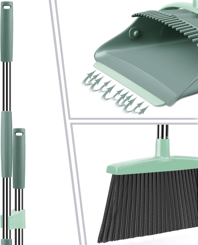 Broom and Dustpan Set Long Handle Upright Sweeping Combo Gray Green2