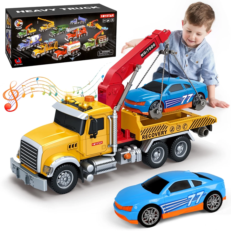 Kids Tow Truck Toys, 15" Large Toddler Car Toys, Transport Truck Crane with Road8