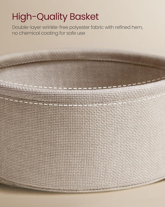 Small Round Side Table Nightstand with Fabric Basket Matte White Camel Brown5
