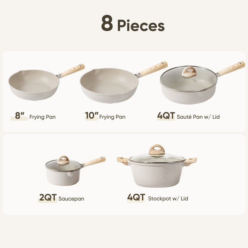 8pc Nonstick Cookware Set Pots Pans Induction RV Camping Beige1