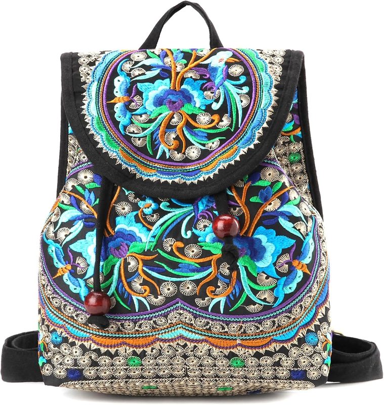 Women Embroidered Backpack Boho Floral Mini Travel Shoulder Bag Lightweight Blue0
