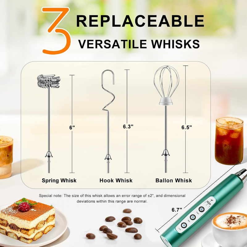 Milk Frother Handheld Rechargeable 3 Speed 3 Heads Coffee Whisk Green4