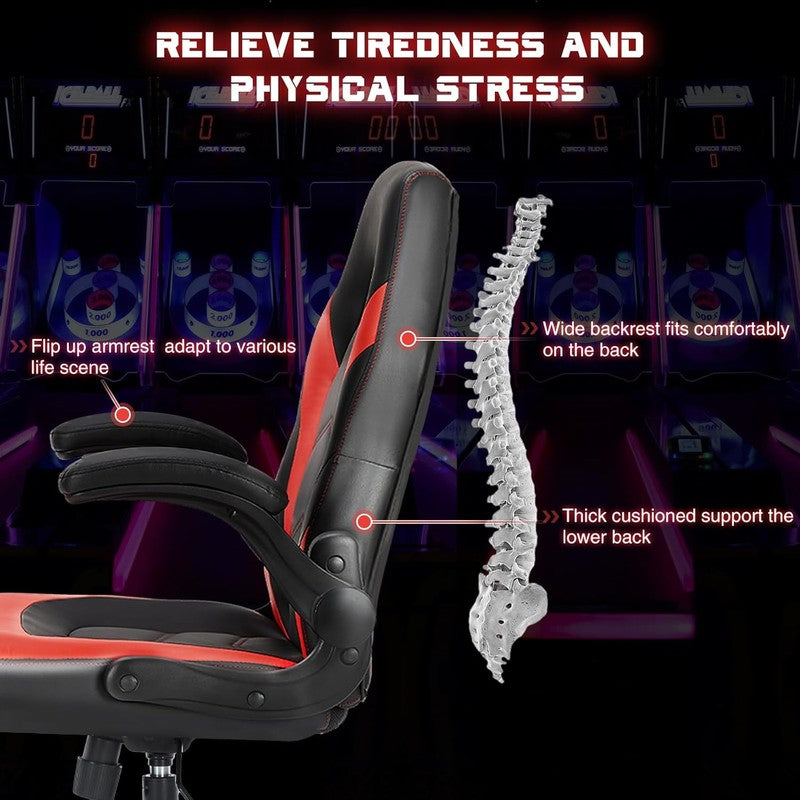 Ergonomic Gaming Chair with Flip-Up Armrests, Adjustable Height, Red PU Leather3