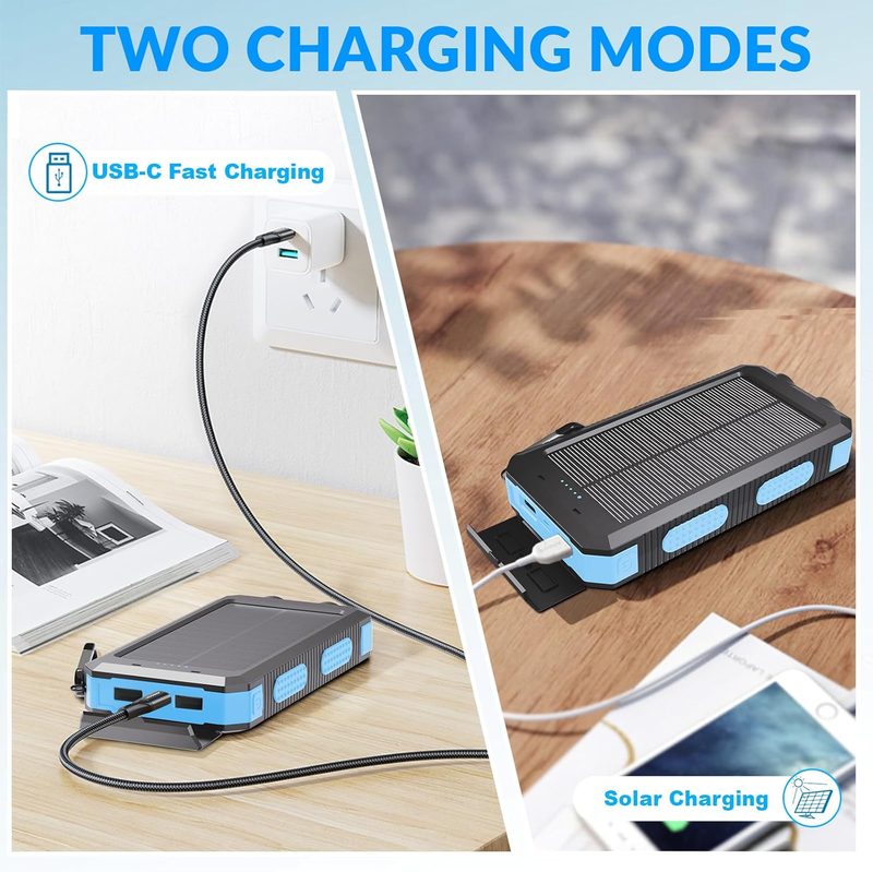 20000mAh Solar Power Bank USB-C Waterproof Dual Flashlight Camping Charger4