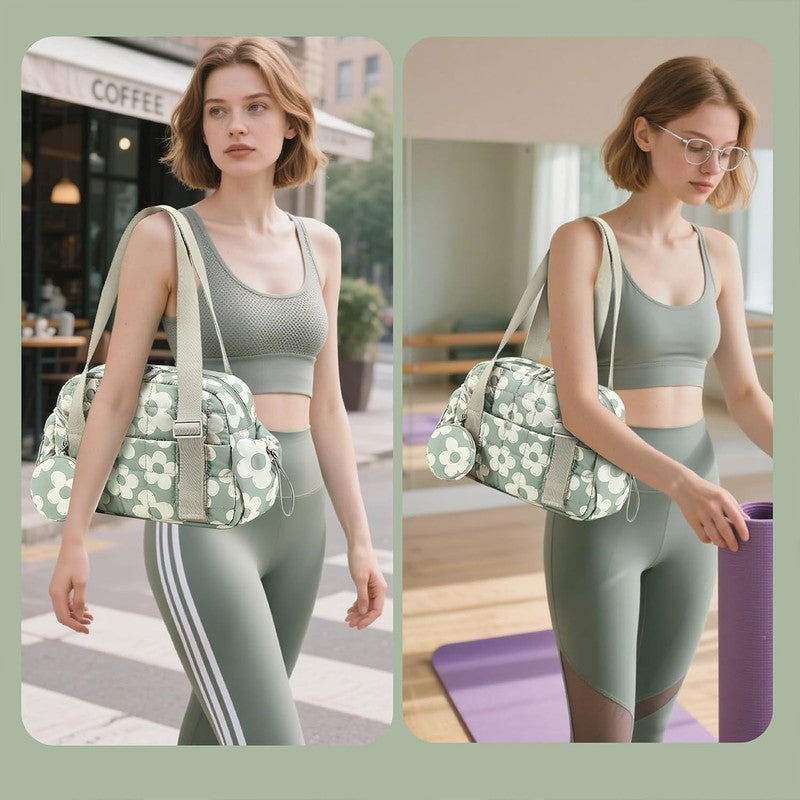 Mini Gym Bag Women Quilted Duffel Wet Compartment Yoga Dance Green Flower 12.6"6