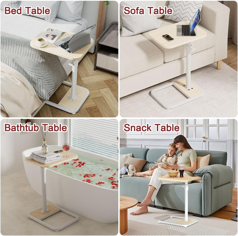 C-Shaped Adjustable End Table Sofa TV Tray Side Table Natural Wood6
