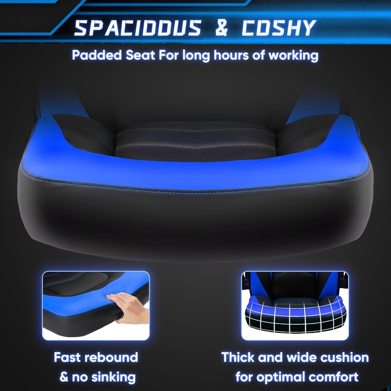 Gaming Office Chair PU Leather Ergonomic Swivel Flip Up Arms Lumbar Blue3