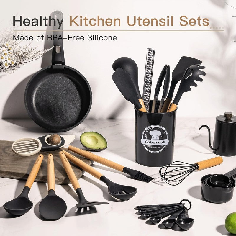 39 PCS Kitchen Utensils Set, Silicone Cooking Utensil Sets with Wooden Handle, 42