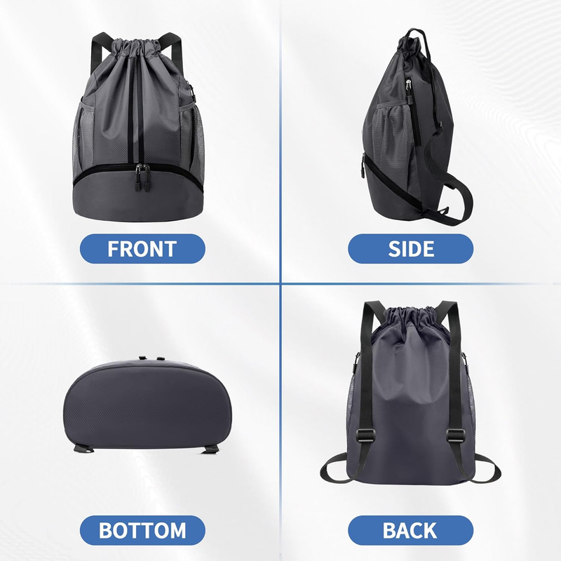 Drawstring Gym Bag Shoe Compartment Water Resistant Dark Grey Backpack3