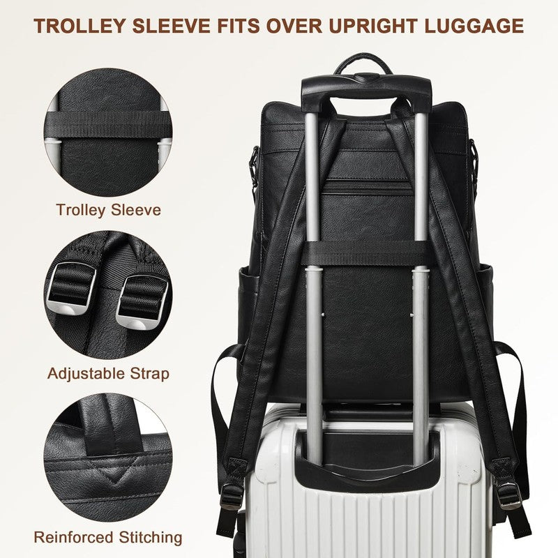 Women Laptop Backpack 15.6" Leather Travel Work Water Resistant Black3