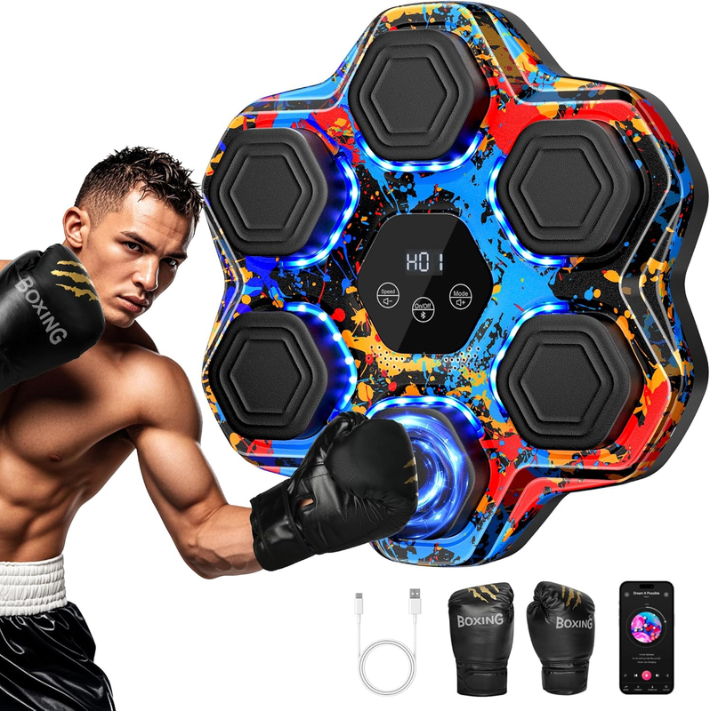 Music Boxing Machine Wall Mounted Punch Trainer w Gloves 9 Modes 9 Speeds10