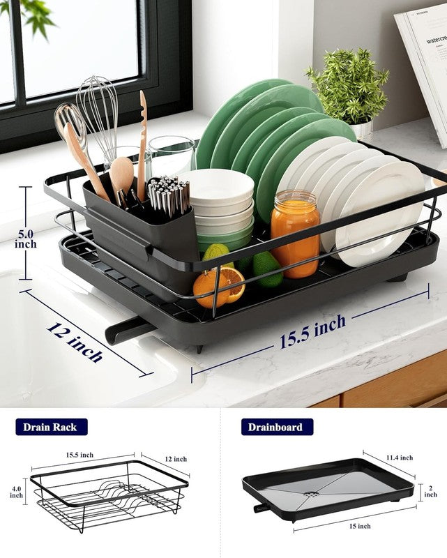 Stainless Steel Dish Drying Rack with Cutlery Holder   Black Kitchen Organizer1