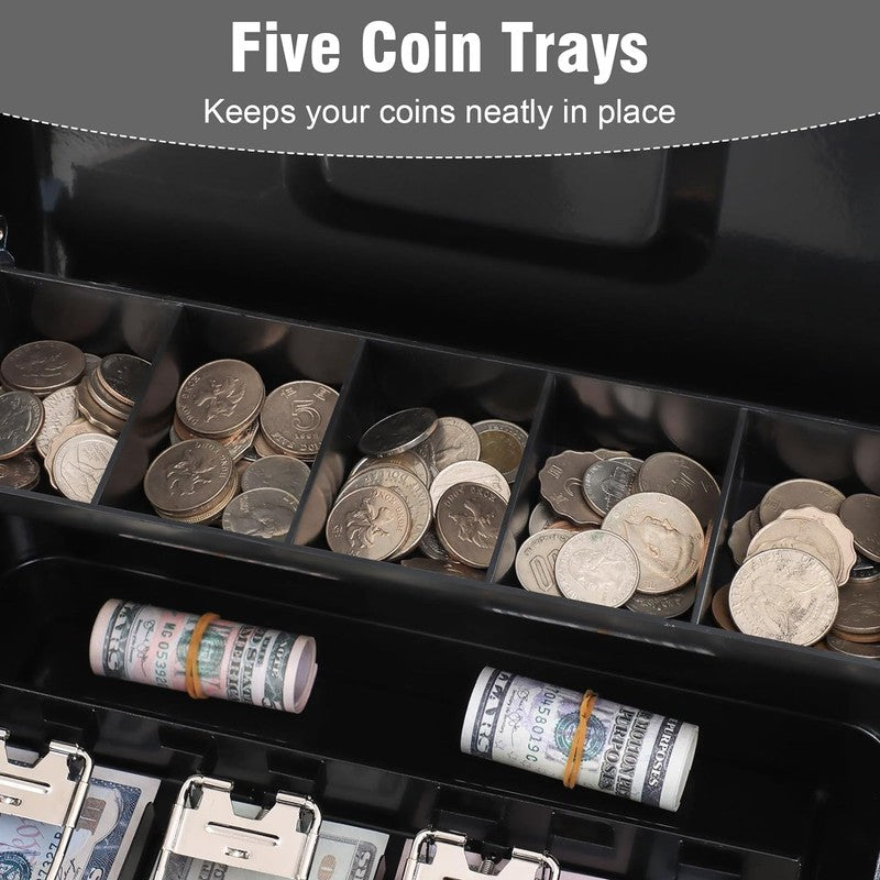 XL Locking Cash Box with Key, Cash Tray & Coin Slots - Black Organizer3