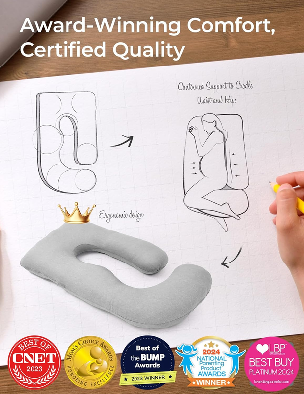 57in U Shaped Pregnancy Pillow Full Body Maternity Jersey Cotton Gray3